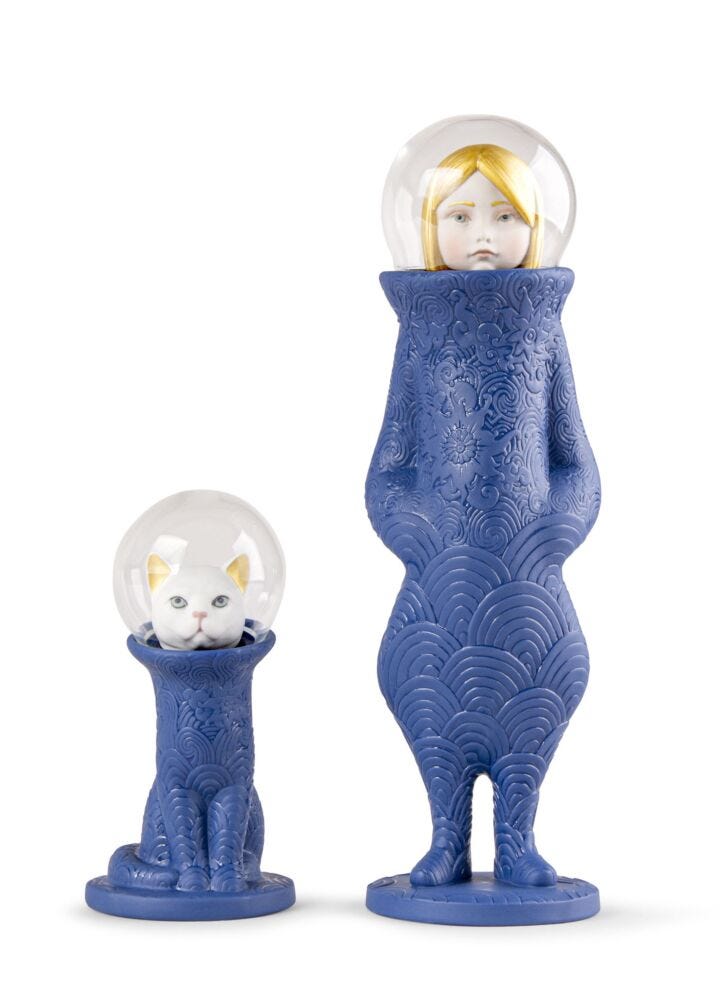 Cosmic Girl and Cat Sculptures in Lladró