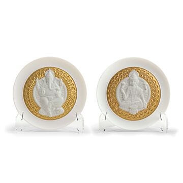 Goddes Lakshmi and Lord Ganesha Decorative Plates Set. Golden Lustre in Lladró