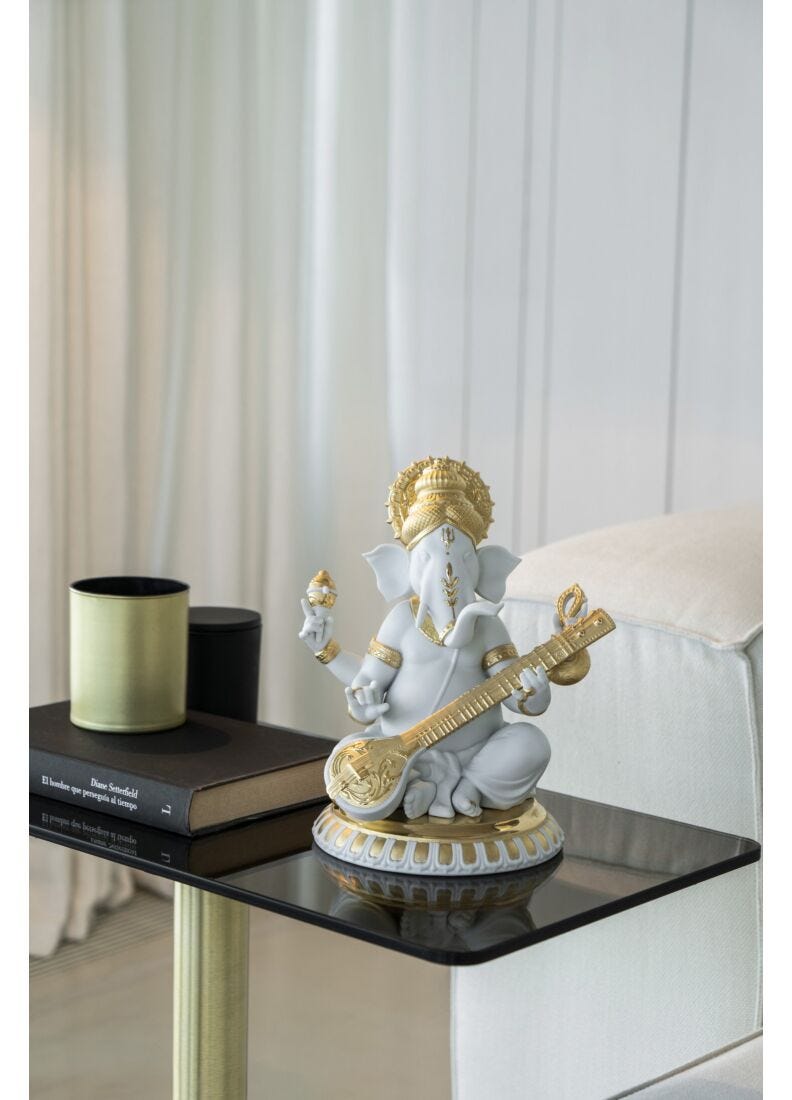 Veena Ganesha Figurine. Golden Lustre, 3 of 6