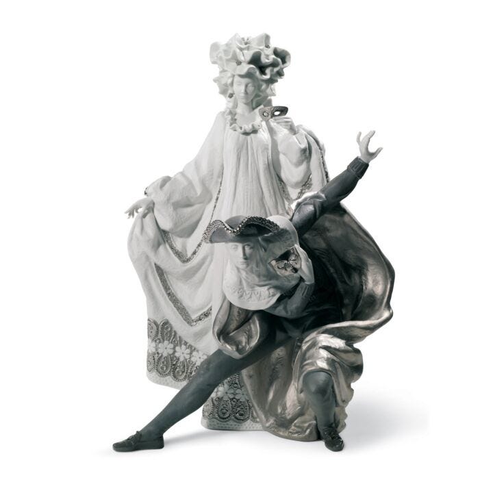 Venetian Carnival Couple Sculpture. Limited Edition. Silver Lustre in Lladró