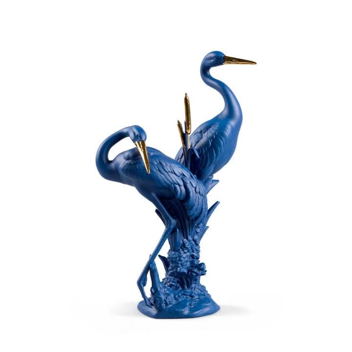 Courting Cranes Sculpture. Blue-Gold. Limited Edition in Lladró