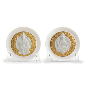 Goddes Lakshmi and Lord Ganesha Decorative Plates Set. Golden Lustre