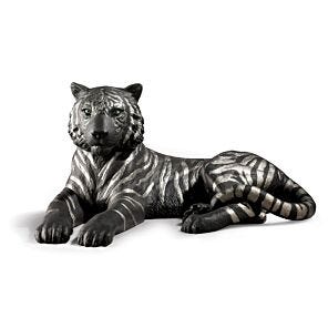 Tiger Figurine. Silver Lustre and Black